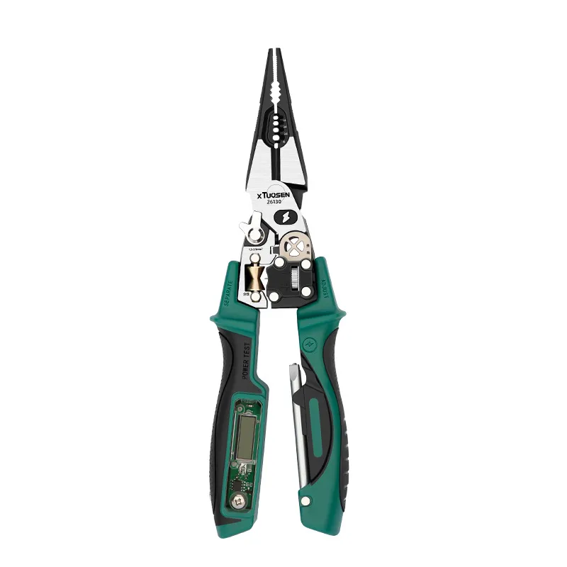 Multi‑functional inductive voltage‑sensing pliers with wire winding, branching, crimping, cutting, digital display – an electrician’s pliers and wire stripper.